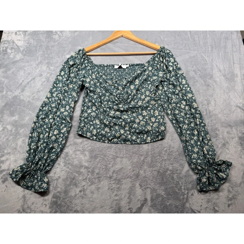 ASTR The Label Crop Top Womens XL Teal Floral Ruffle Puff Sleeve Sweetheart Neck